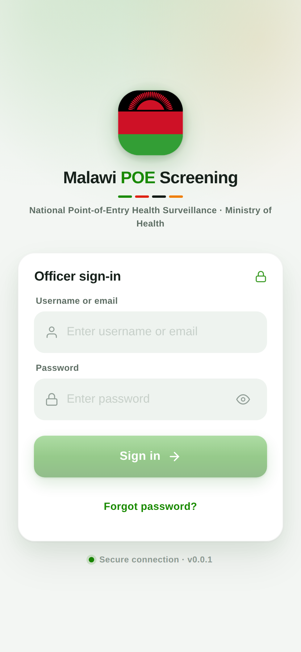Officer sign-in screen of the POE Sentinel app.
