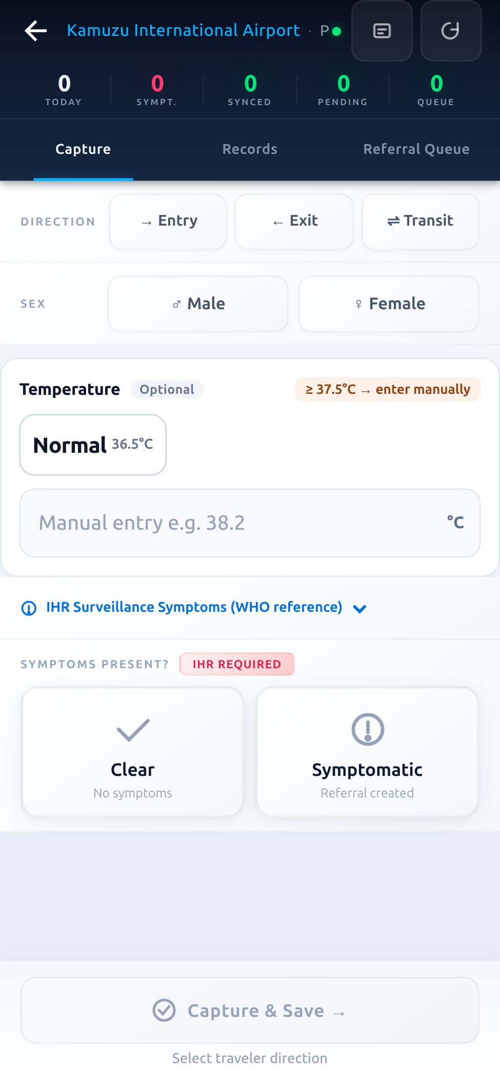 Primary screening form: direction, sex, temperature, IHR/WHO symptoms, and a Clear or Symptomatic decision.
