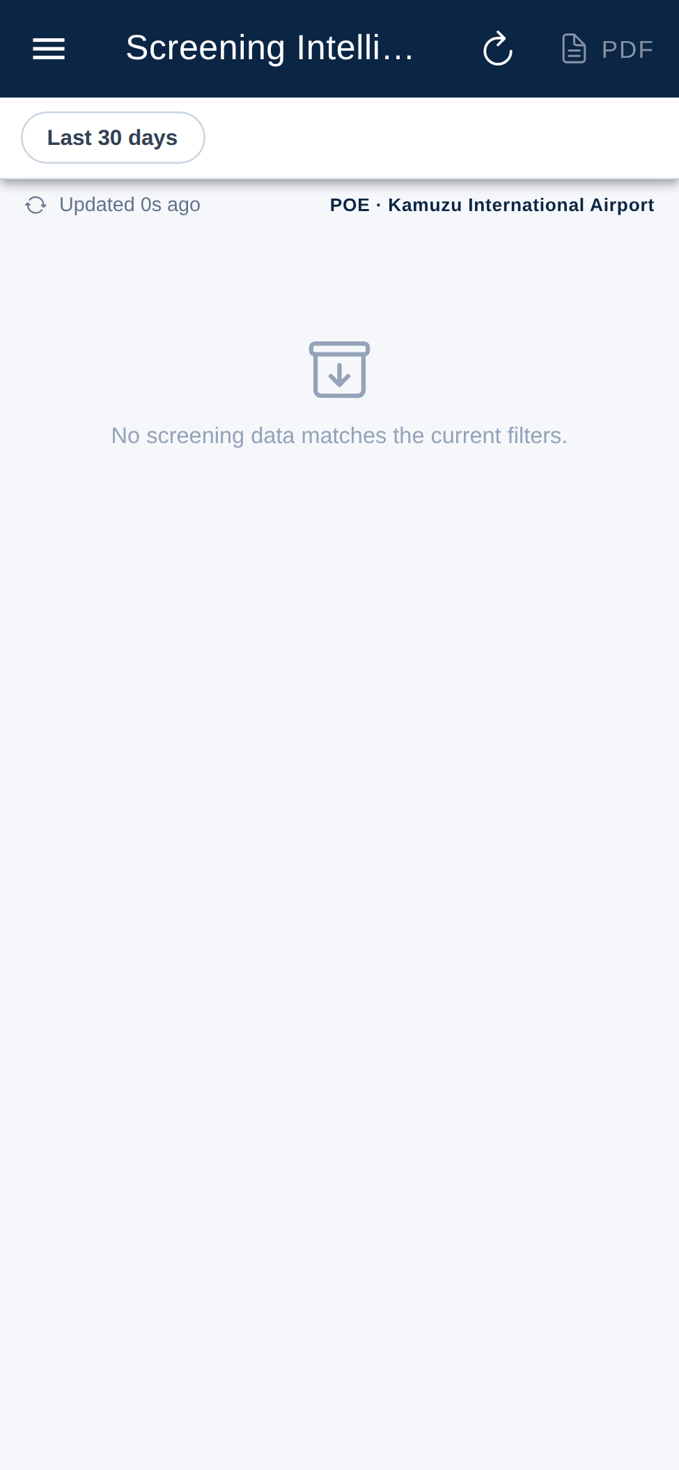 Screening intelligence with date filters and PDF export, scoped to the point of entry.