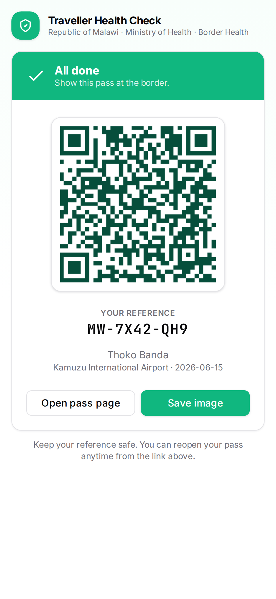 The traveller health pass on a phone: a green ‘All done’ banner, a QR code and a reference number.