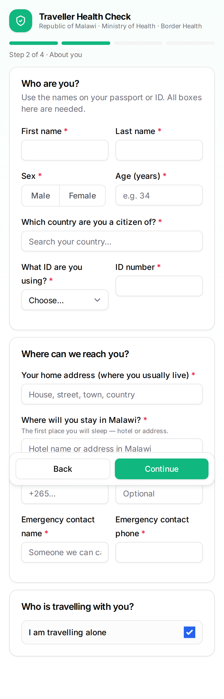 Step 2 — About you: name, date of birth, nationality, travel document and contact details.