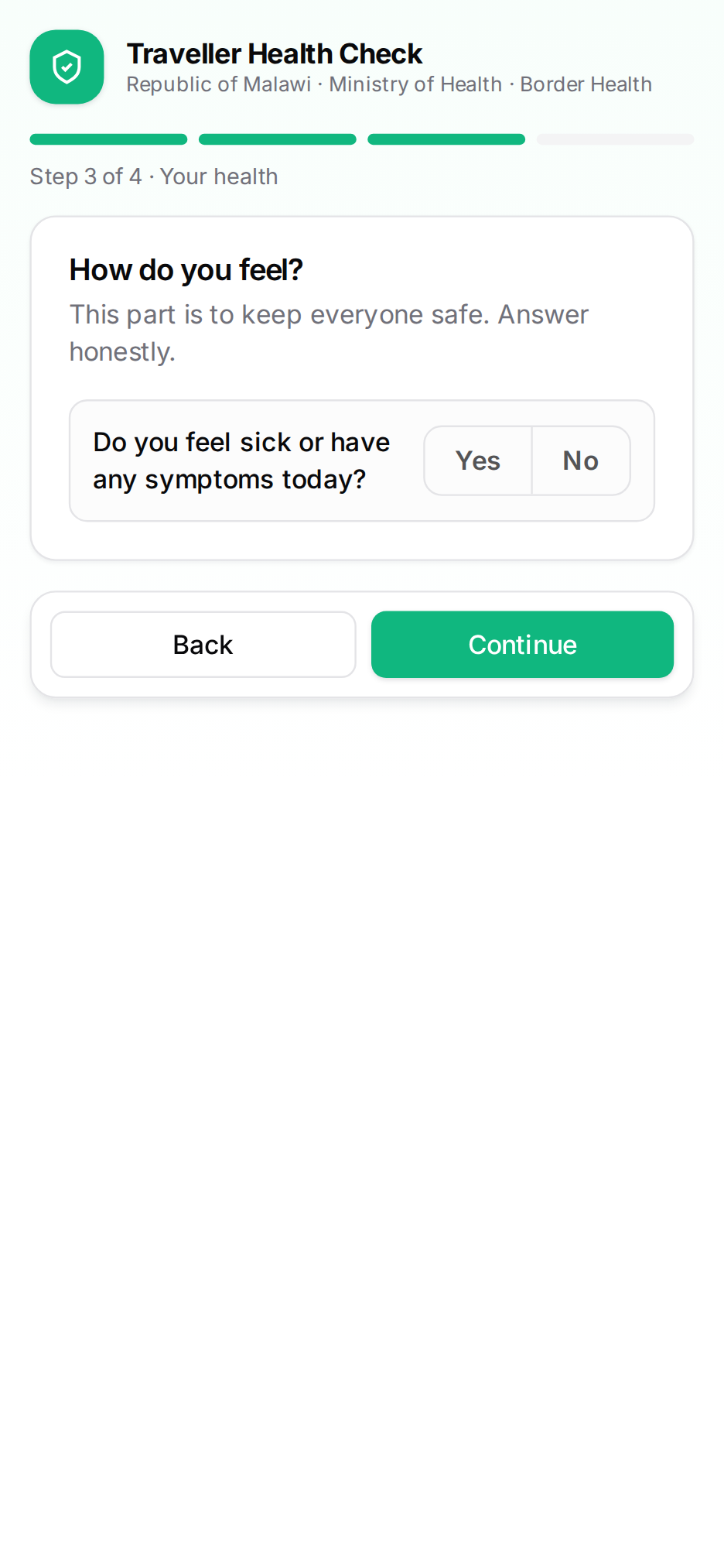 Step 3 — Your health: do you feel sick or have symptoms today, and any recent exposures.