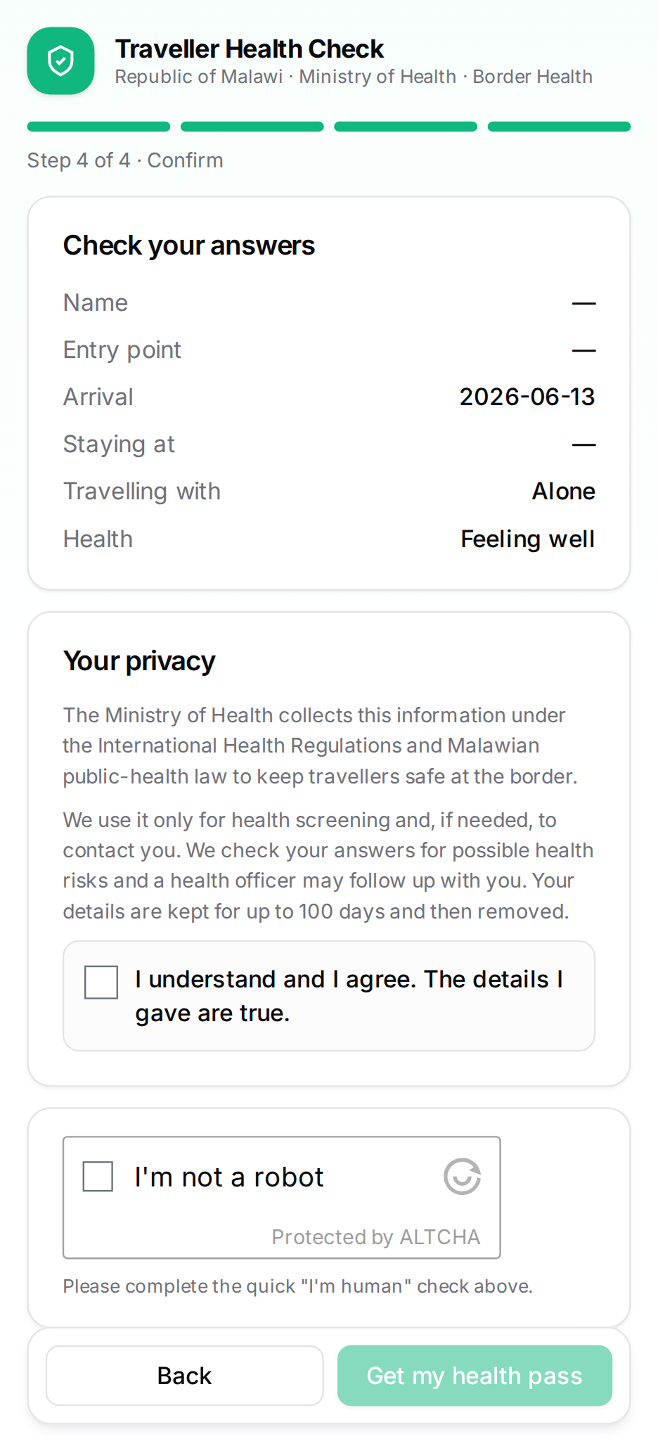 Step 4 — Check your answers, give consent, and pass a quick human check before submitting.